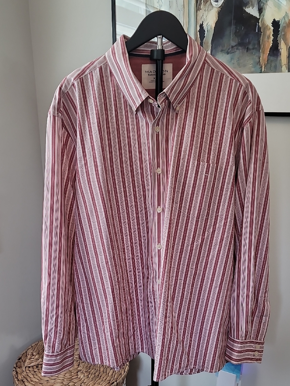 Madison Washed Poplins Pink, Red and White Vertical Stripe Dress Shirt Men's XXL